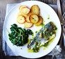 Baked sea bass with lemon caper dressing