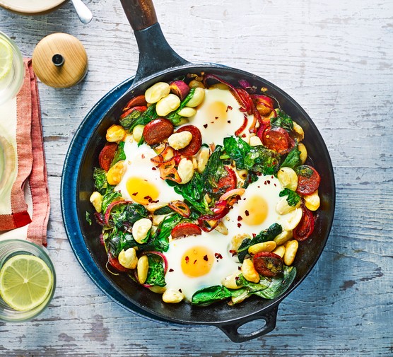 Butterbean, chorizo & spinach baked eggs