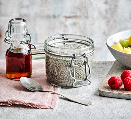 Pot of chia pudding with fresh fruit