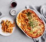 Chicken pasta bake served in a casserole dish