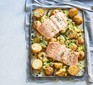 A creamy salmon, leek & potato traybake