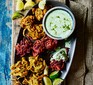 Rainbow bhajis with coriander cream