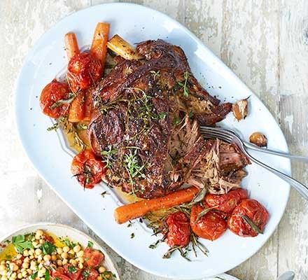 A serving plate with slow-cooked Greek lamb