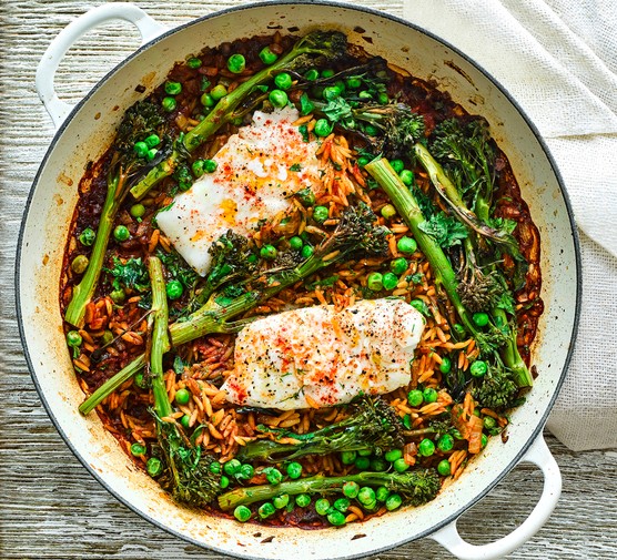 Smoky cod, broccoli & orzo bake in a casserole pot