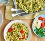 The ingredients for the build your own pesto pasta salad