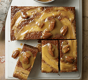 Upside-down banana cake with maple-caramel sauce